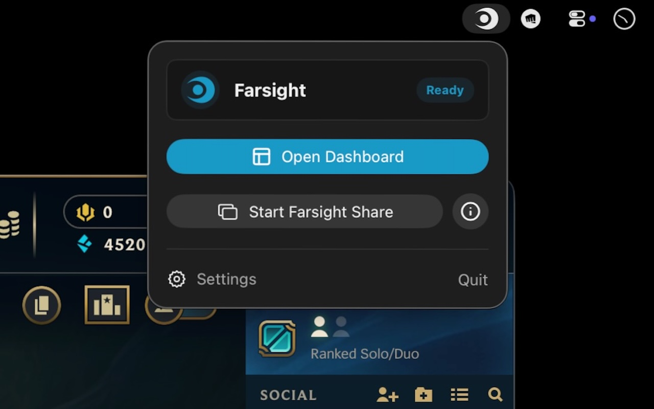 Close-up of the Farsight menu bar controls in the ready state