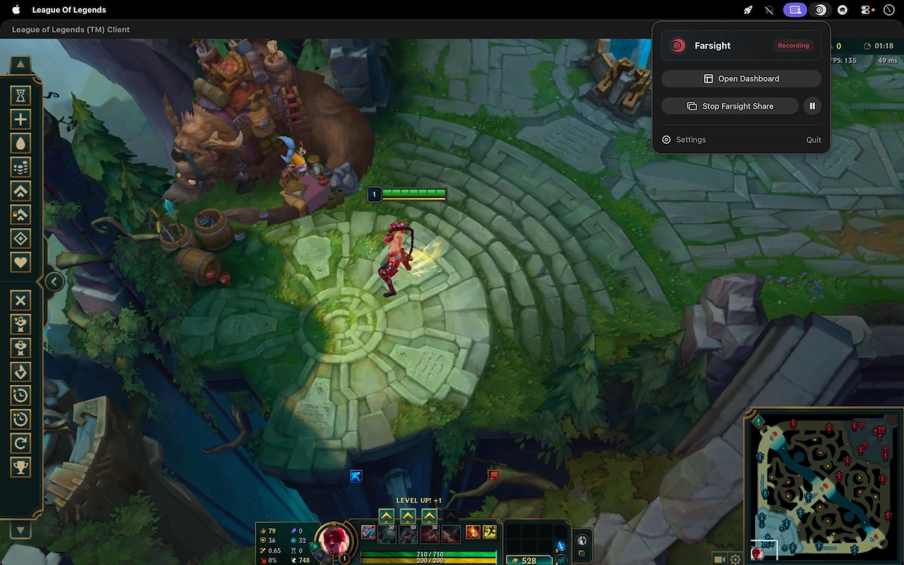 Farsight recording a League of Legends match from the macOS menu bar